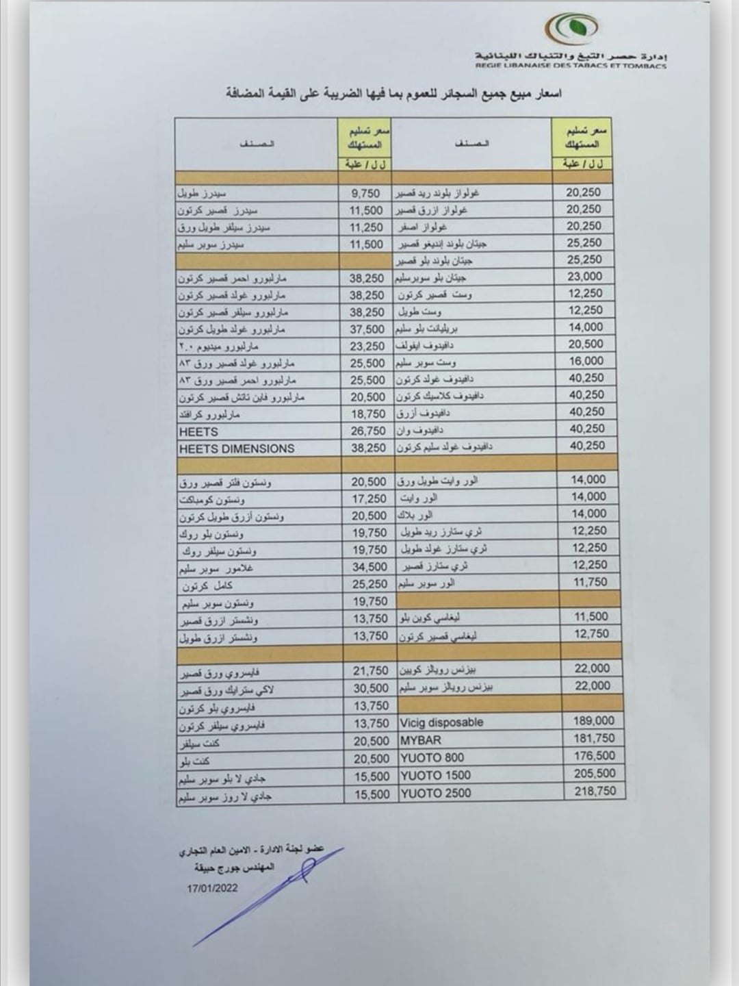 لائحة أسعار السجائر...